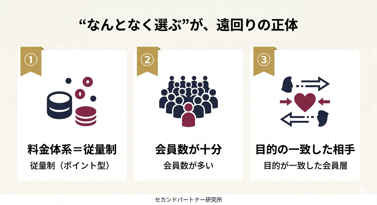 アプリ選びで失敗する人とうまくいく人の分かれ目と3つの判断軸を示した図解。