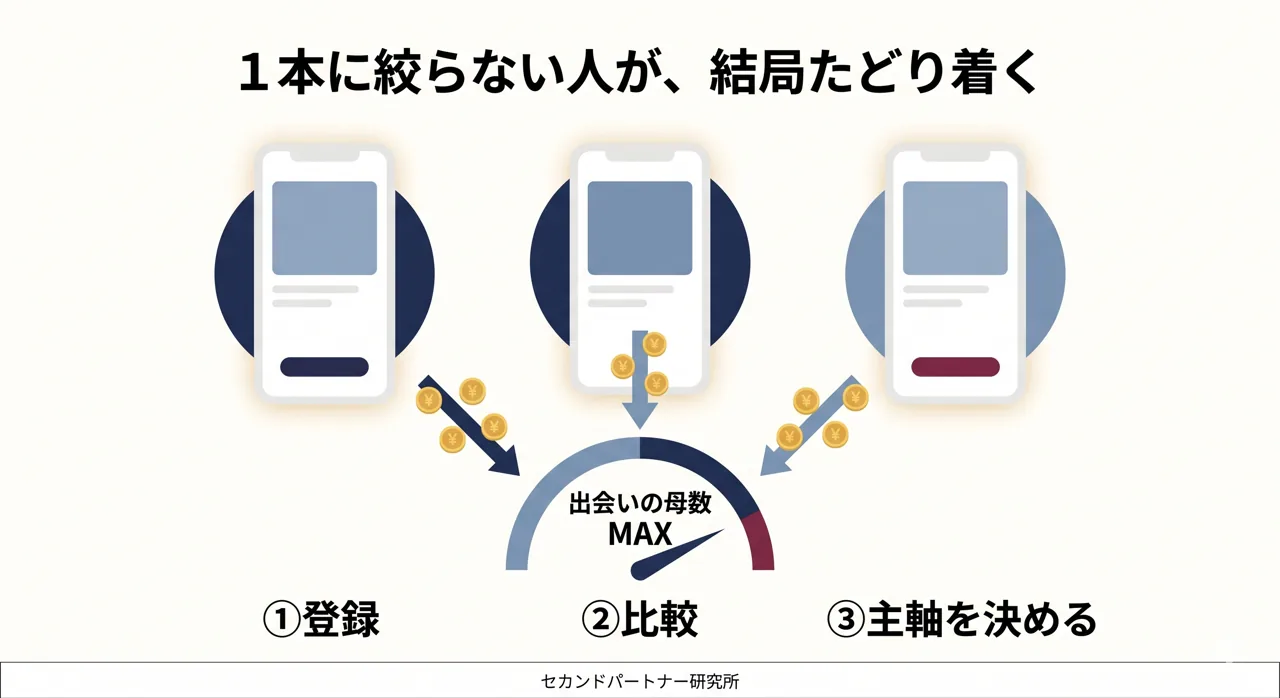 無料ポイントを横断して母数を稼ぐ併用戦略の図解。