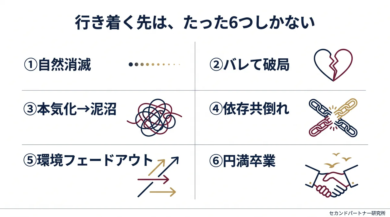 セカンドパートナーの末路6つの型を整理した図解。