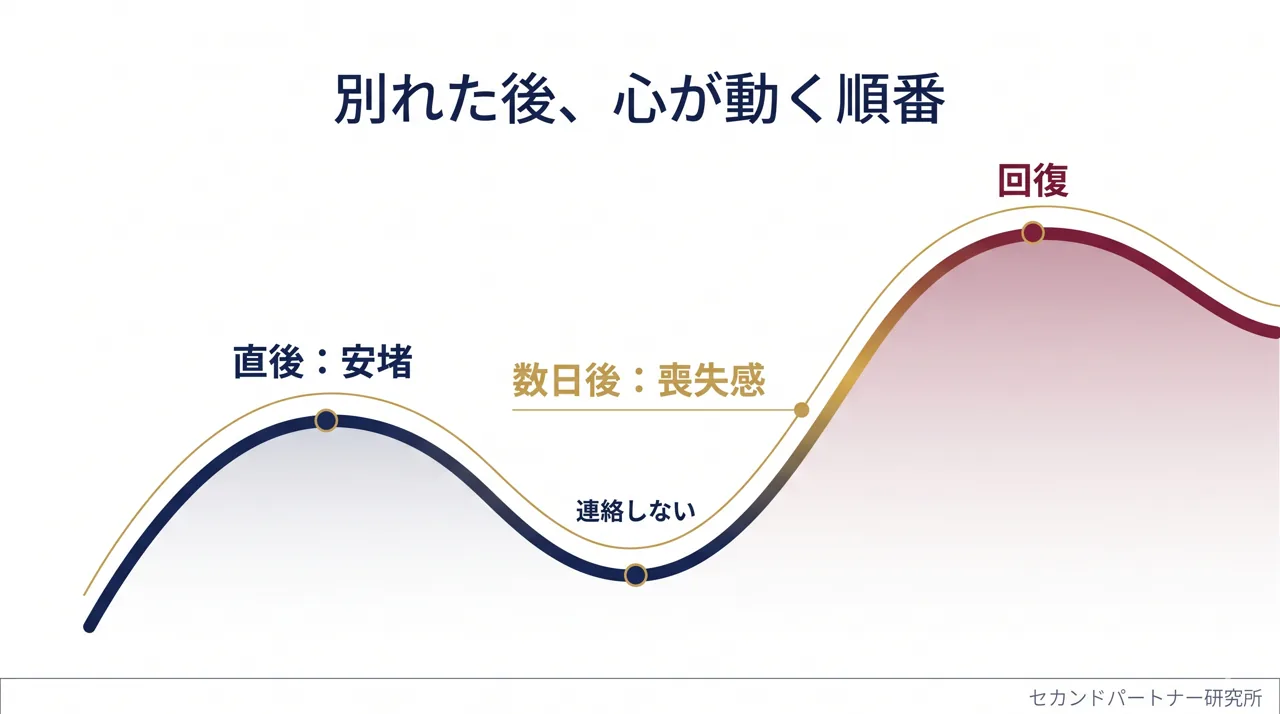別れた後の心理の時系列と立ち直り方の図解。