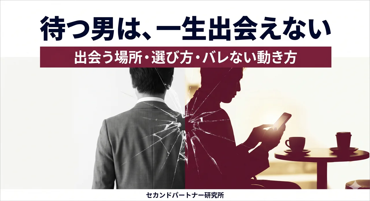 セカンドパートナーの作り方と出会いの場を解説する記事のアイキャッチ。出会いやすさと身バレリスクで5つの場を比較する白基調の構図。
