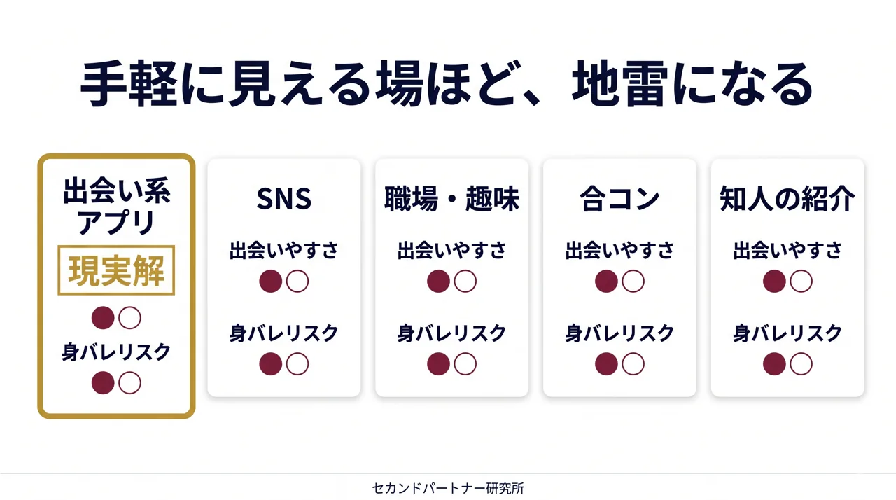 出会える場所5選を出会いやすさと身バレリスクで比較した図解。