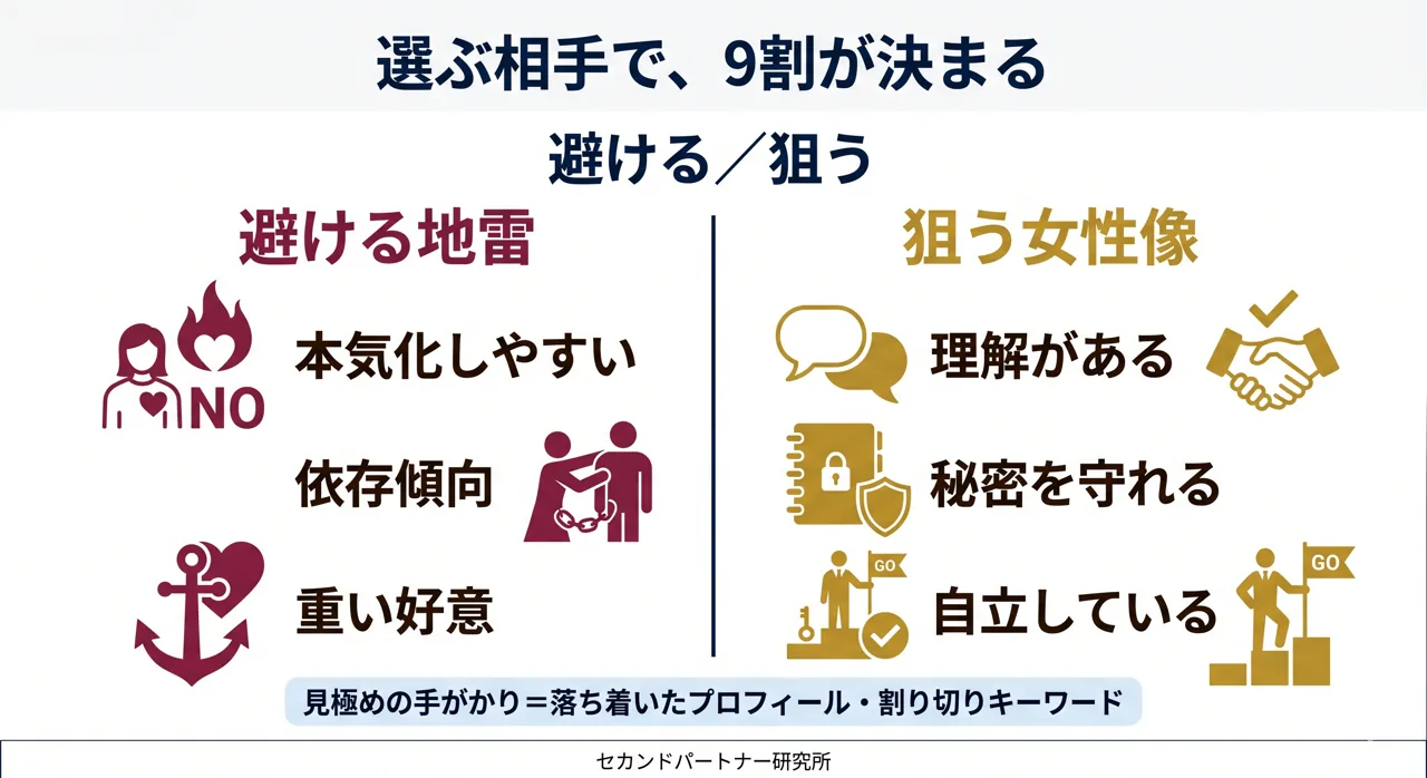 避けるべき地雷と狙うべき女性像を対比した図解。