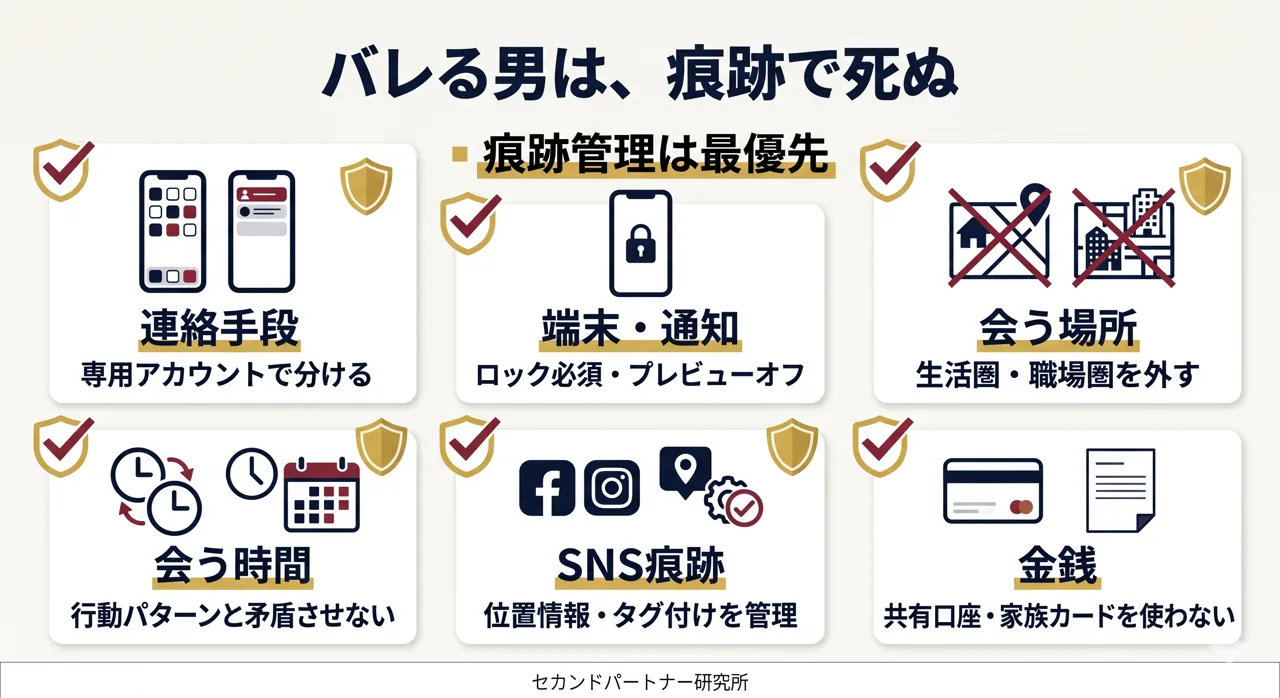身バレを防ぐ6項目の痕跡管理チェックリストの図解。
