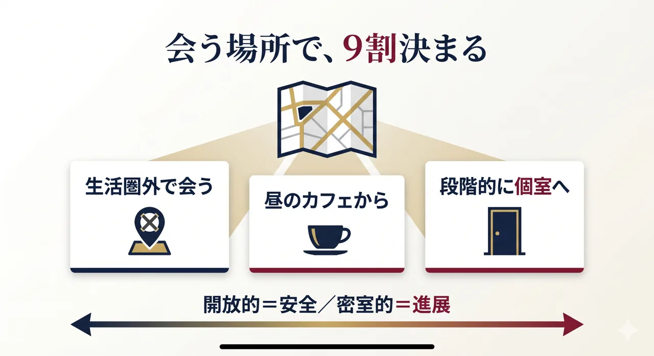 生活圏外・昼カフェ・段階的に個室へというデート場所選びの図解。