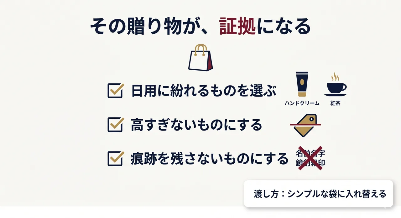 相手が無理なく受け取れるプレゼントの選び方の図解。