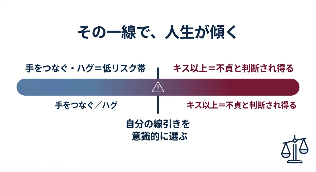 スキンシップの境界線と不貞リスクの線引きを示した図解。