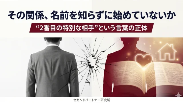 セカンドパートナーの意味と言葉の正体を解説する記事のアイキャッチ。昼の顔と本やハートを背負う夜の顔が二重露光で交差する白基調の構図。
