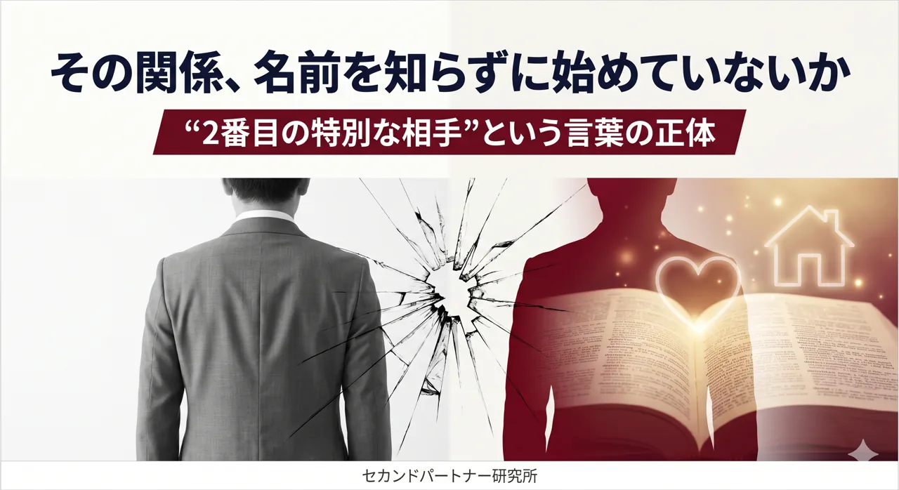 セカンドパートナーの意味と言葉の正体を解説する記事のアイキャッチ。昼の顔と本やハートを背負う夜の顔が二重露光で交差する白基調の構図。
