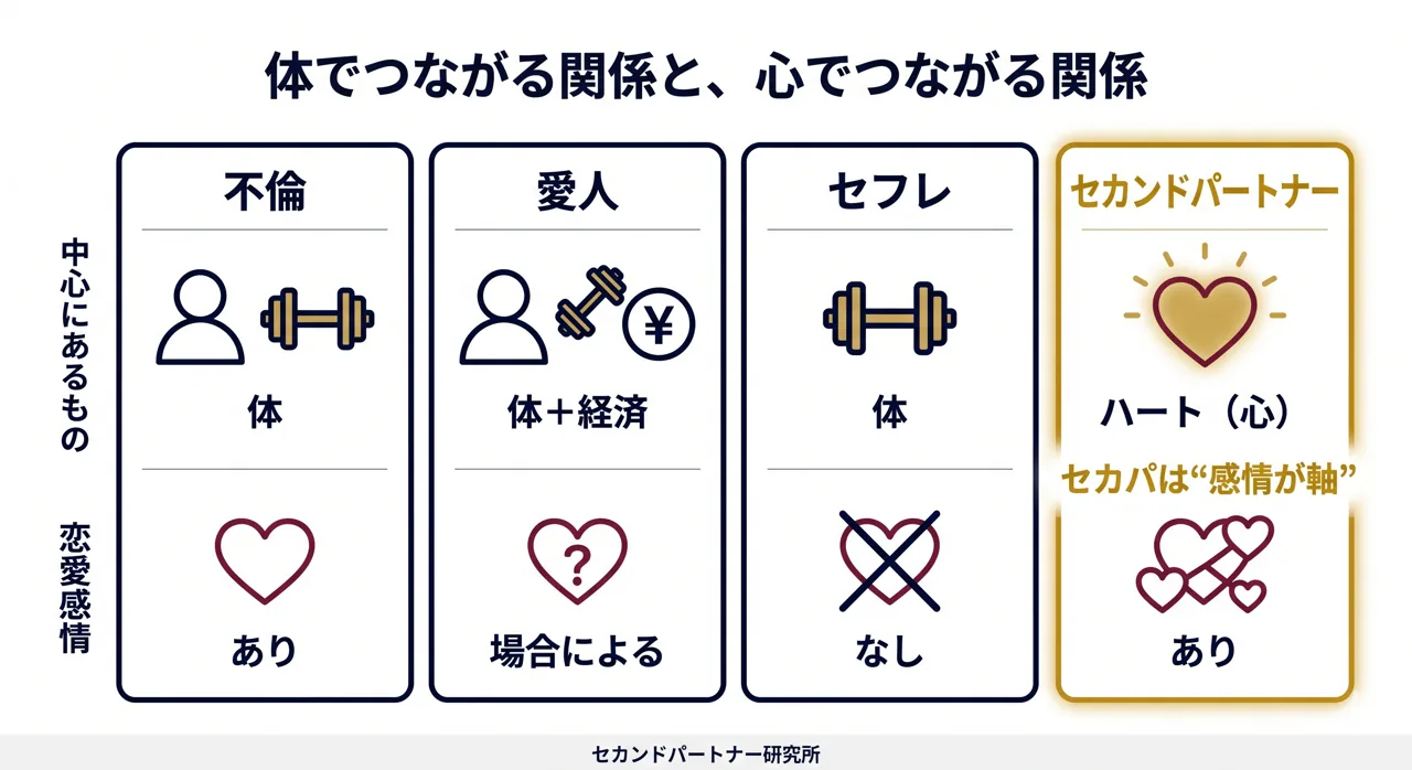 セカンドパートナーと類語の違いを4列で対比した比較図。