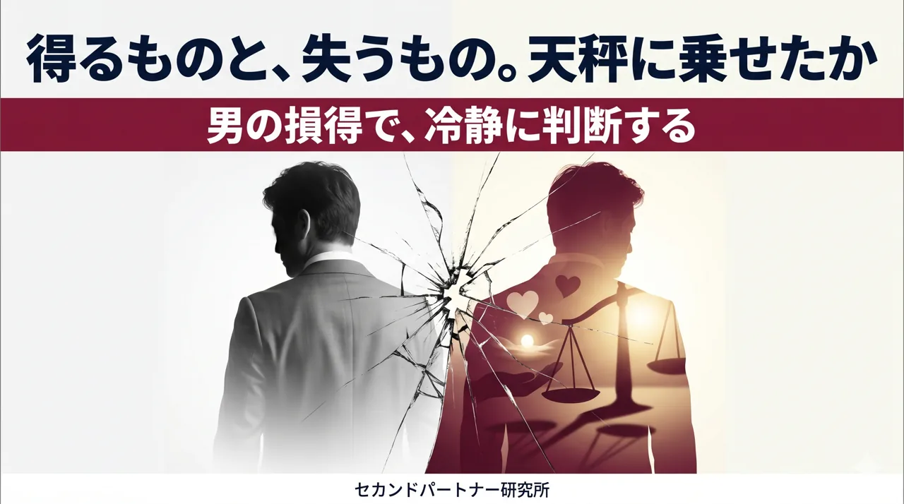 セカンドパートナーのメリットとデメリットを天秤で示した記事のアイキャッチ。得るものと失うものを対置した白基調の構図。