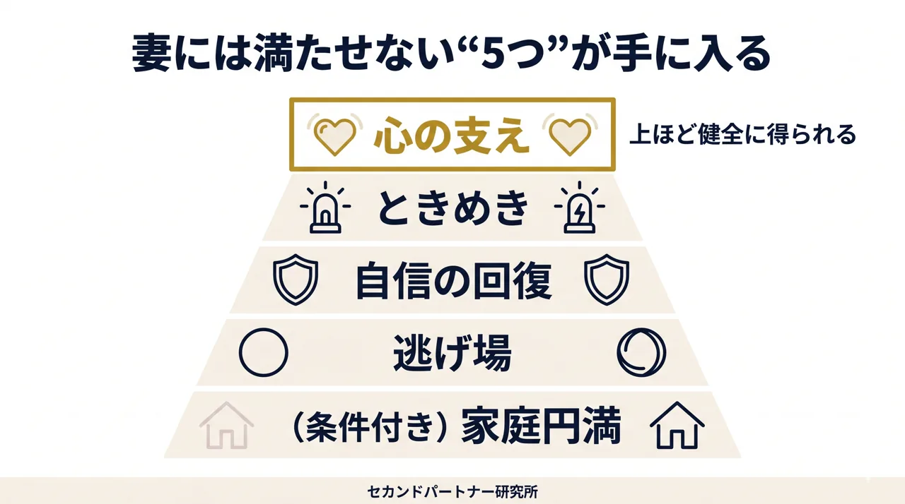 男性がセカンドパートナーで得る5つのメリットを優先度順に整理した図解。