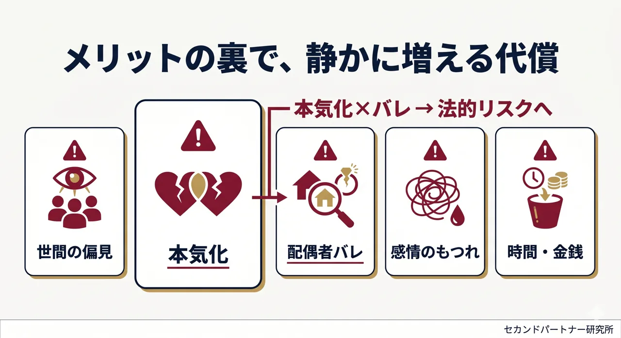 見落としやすいデメリットと、本気化・バレの連鎖を整理した図解。