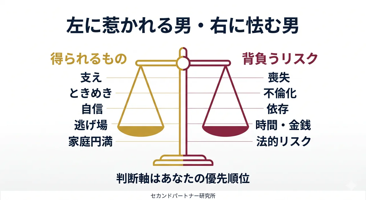 得るものと失うリスクを対置した男性読者向けの判断軸の図解。