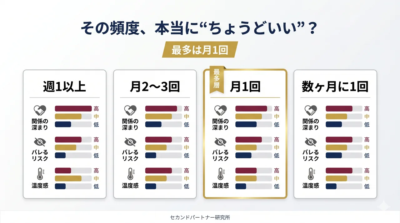 会う頻度ごとの関係の深まりとバレるリスクを比較した図解。