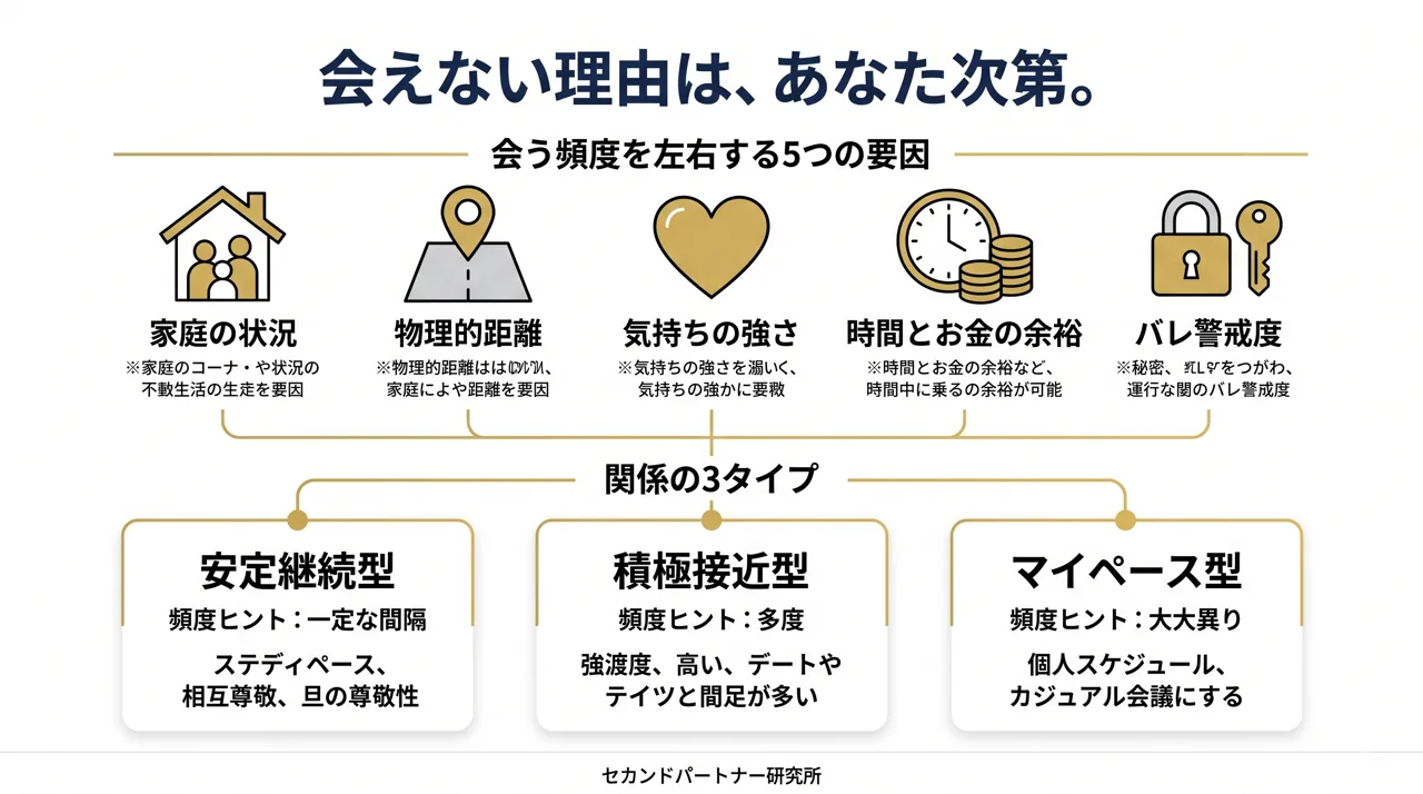 会う頻度を左右する5要因と関係の3タイプを整理した図解。