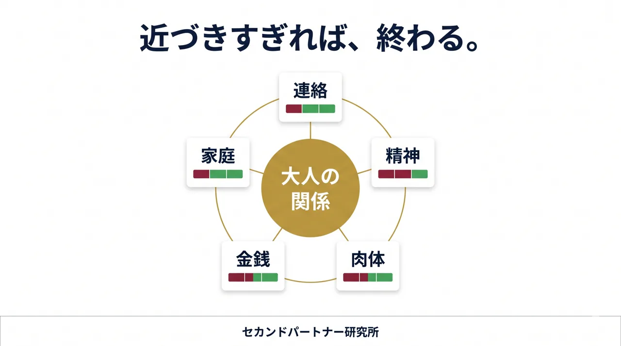 連絡・精神・肉体・金銭・家庭の5つの距離の保ち方を整理した図解。