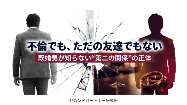 セカンドパートナーとは何かを解説する記事のアイキャッチ。昼の顔と夜の顔が二重露光で交差する白基調の構図。