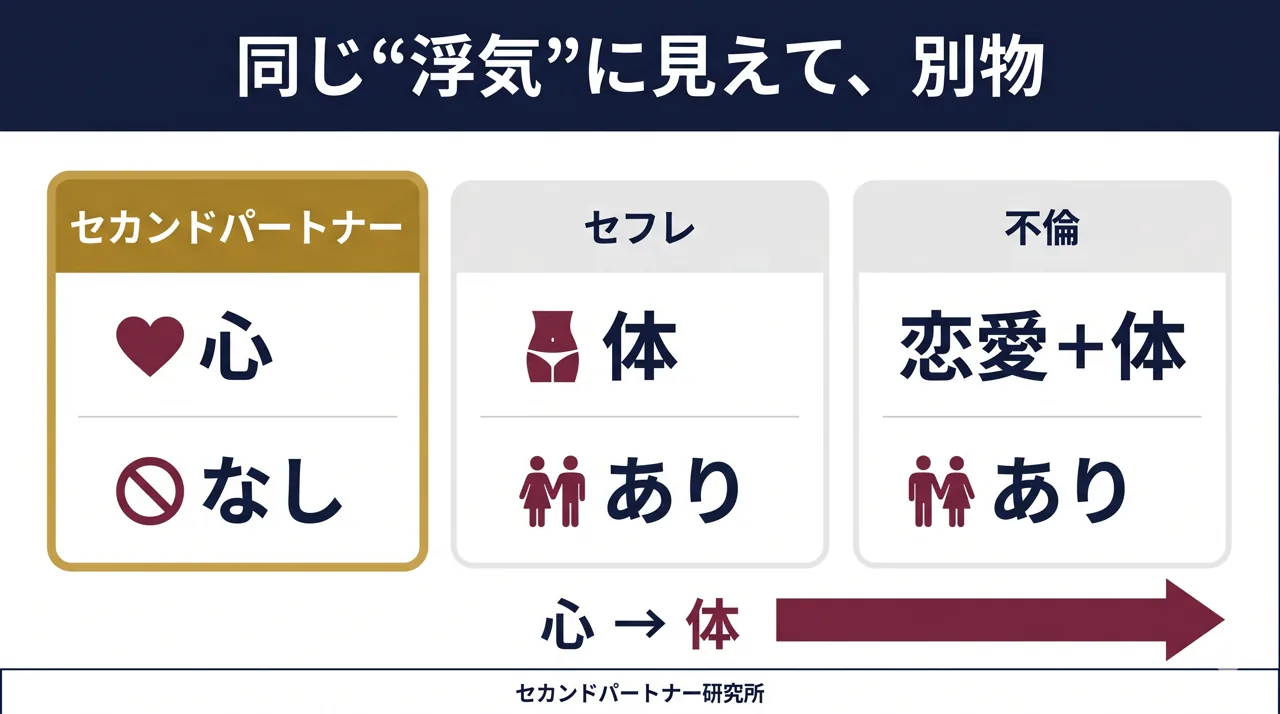 セカンドパートナーとセフレ・不倫の違いを3列で対比した比較図。