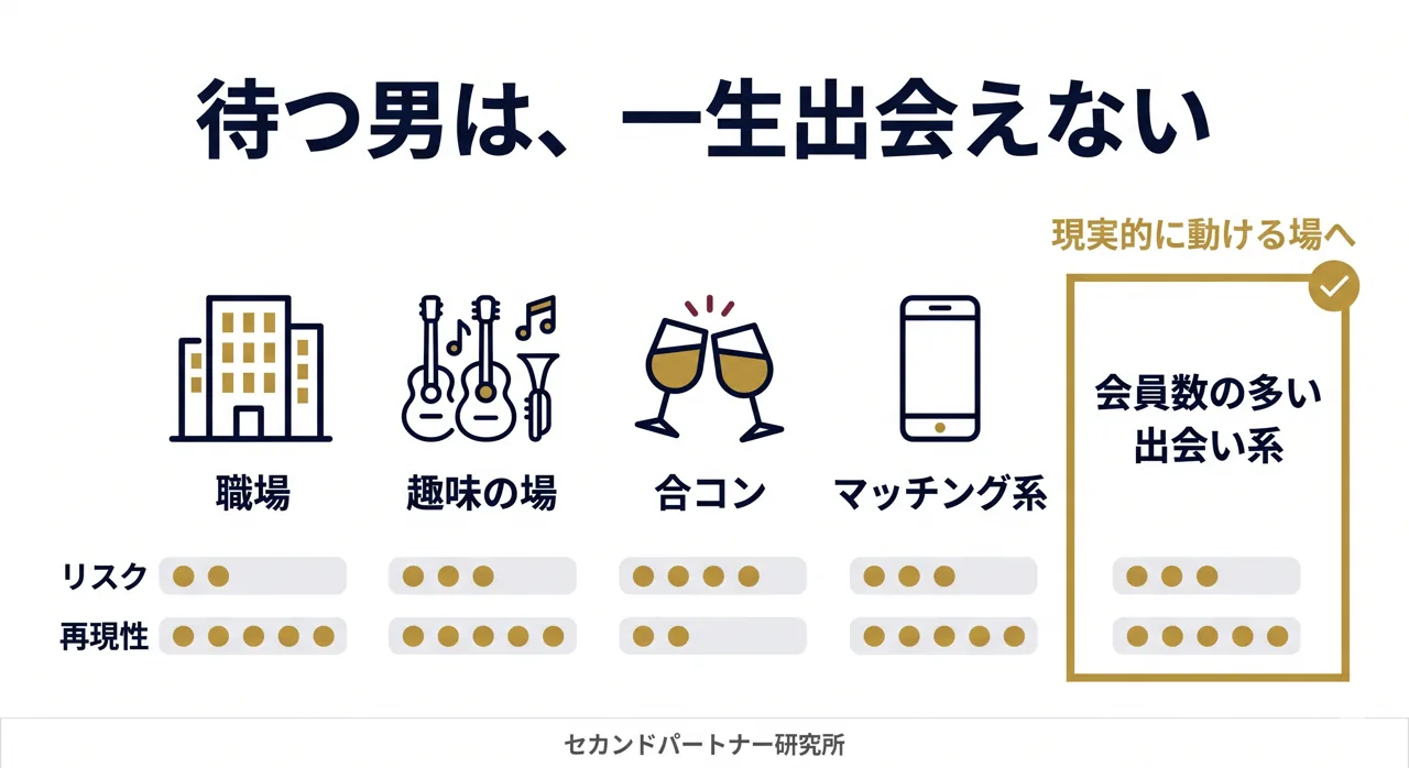 出会いの場をリスクと再現性で比較した図解。
