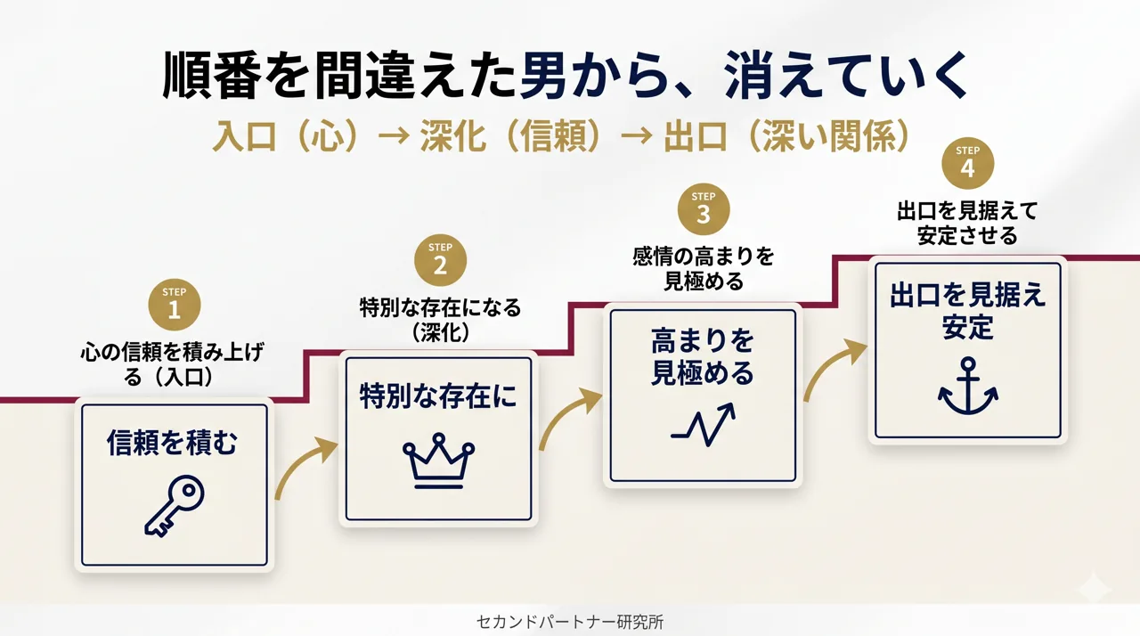 関係を深める流れを示した4ステップの図解。