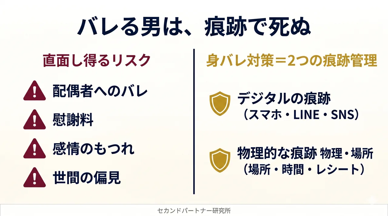 リスクと身バレ対策を左右で対比した図解。