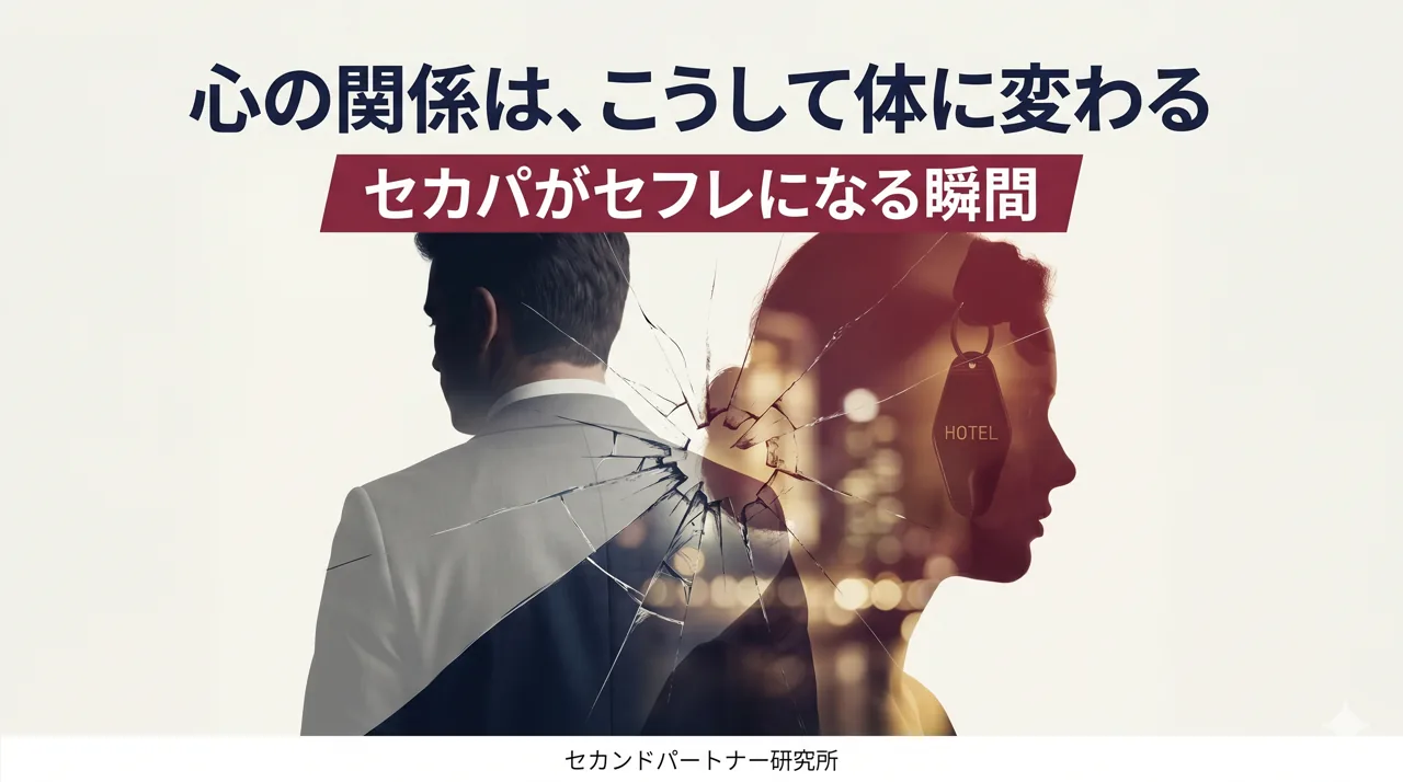 セカンドパートナーのセフレ化の理由と進め方を解説する記事のアイキャッチ。入口から出口へ、心の距離が体の距離へ進む流れを示す白基調の構図。