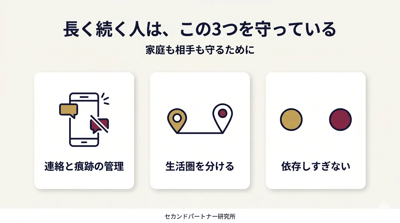 セフレ化後の連絡・生活圏・依存の管理を示した図解。