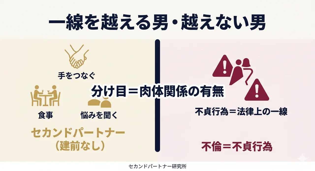 セカンドパートナーと不倫を分ける決定的な違いを示した図解。中央の境界線で肉体関係の有無を対比。