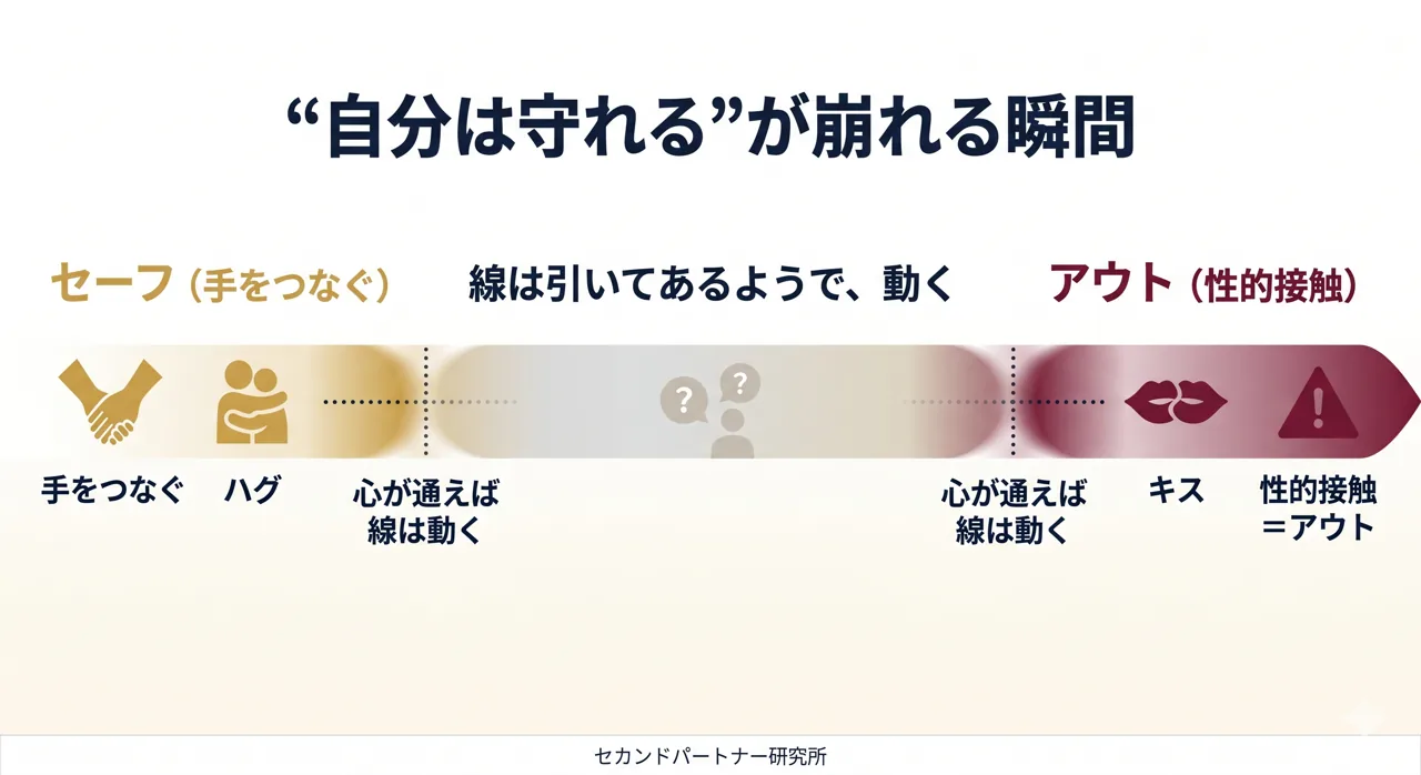 許容ラインのグレーゾーンを示した図解。手をつなぐ・ハグから性的接触まで連続することを示す。