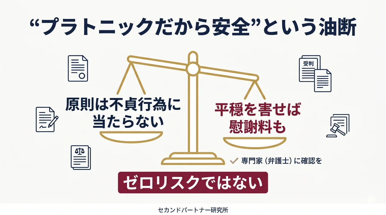 プラトニックでも生じうる慰謝料などの法的リスクを傾いた天秤で示した図解。